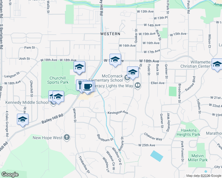 map of restaurants, bars, coffee shops, grocery stores, and more near 3639 Westleigh Street in Eugene