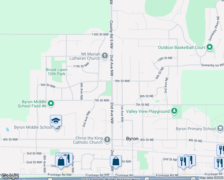 map of restaurants, bars, coffee shops, grocery stores, and more near County Highway 5 in Byron