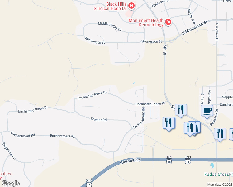 map of restaurants, bars, coffee shops, grocery stores, and more near 412 Enchanted Pines Drive in Rapid City