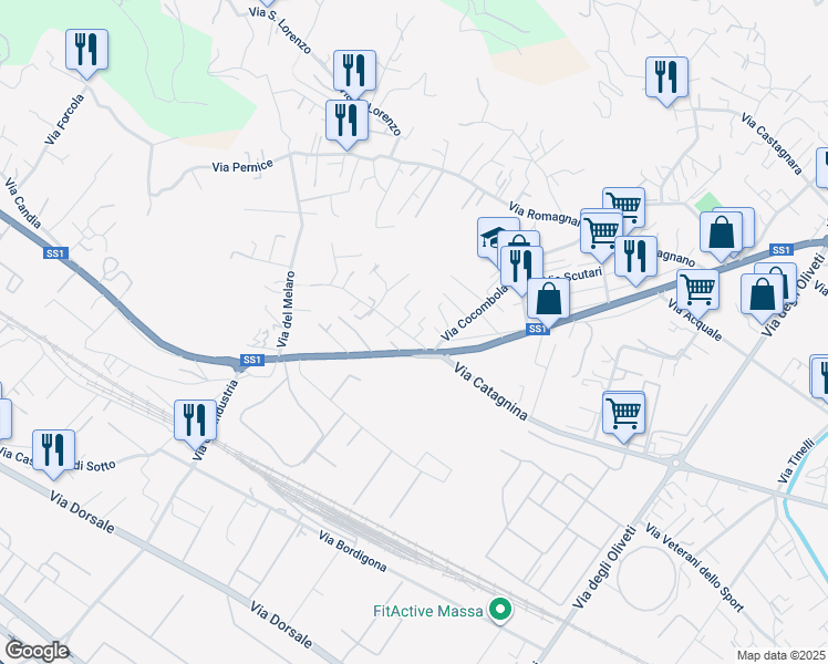 map of restaurants, bars, coffee shops, grocery stores, and more near 16 Via Pratta in Massa