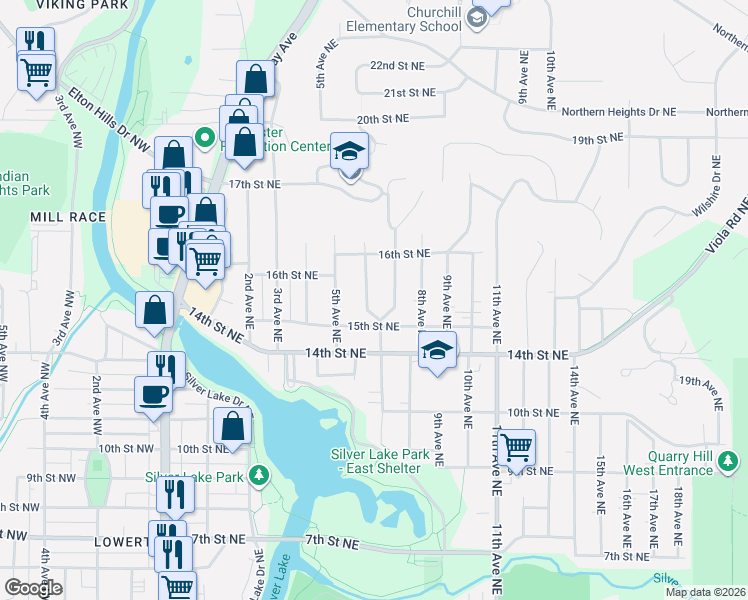 map of restaurants, bars, coffee shops, grocery stores, and more near 1542 7th Avenue Northeast in Rochester