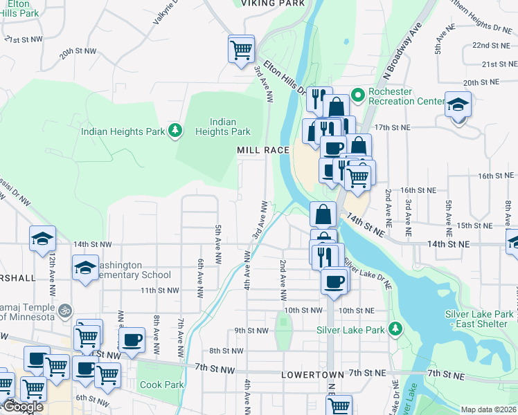map of restaurants, bars, coffee shops, grocery stores, and more near 1411 3rd Avenue Northwest in Rochester