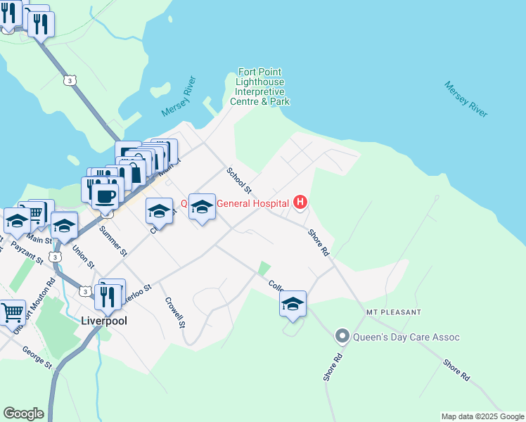 map of restaurants, bars, coffee shops, grocery stores, and more near 130 School Street in Liverpool