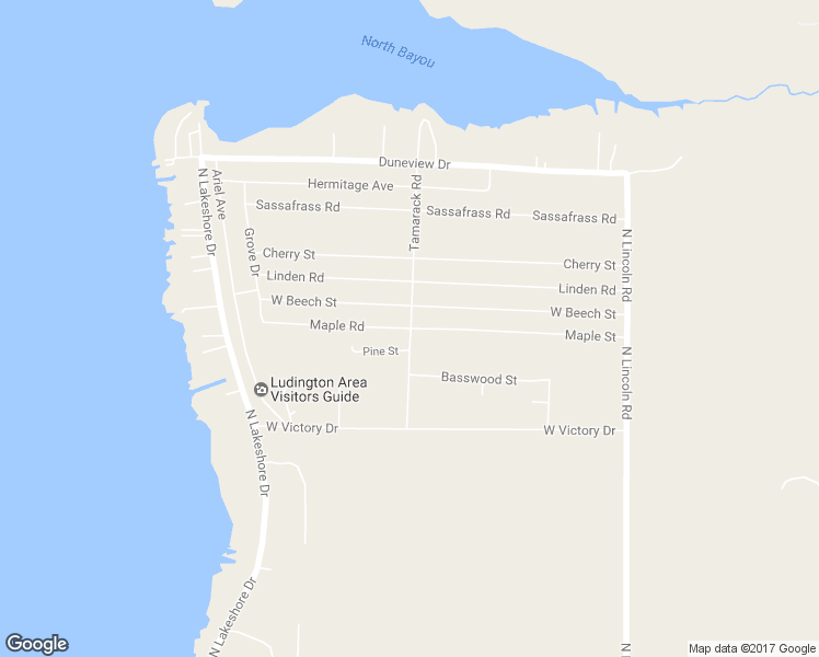 map of restaurants, bars, coffee shops, grocery stores, and more near 6583 Maple Road in Ludington