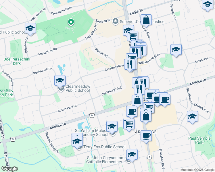 map of restaurants, bars, coffee shops, grocery stores, and more near 112 Fadine Road in Newmarket
