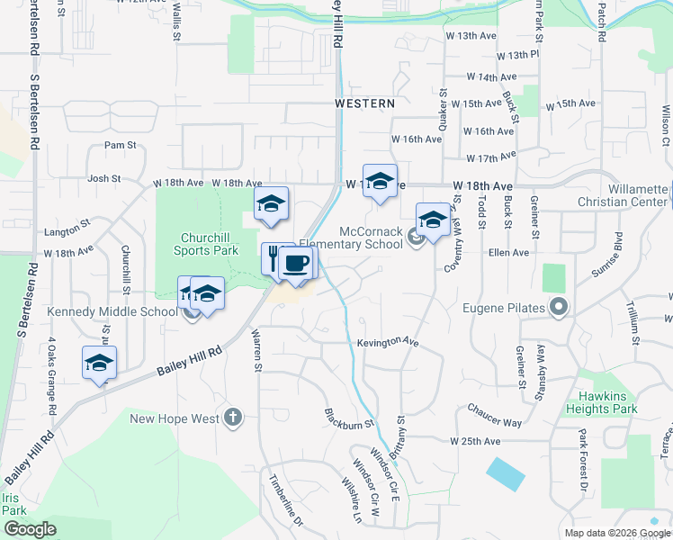 map of restaurants, bars, coffee shops, grocery stores, and more near 3800 Westleigh Street in Eugene