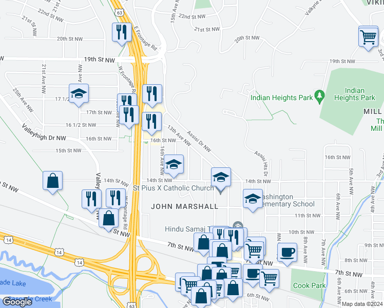 map of restaurants, bars, coffee shops, grocery stores, and more near 1434 15th Avenue Northwest in Rochester