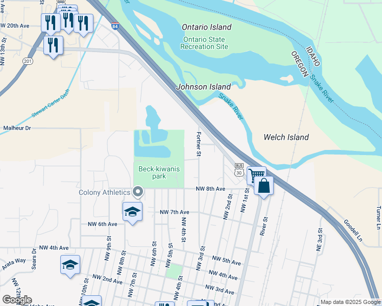 map of restaurants, bars, coffee shops, grocery stores, and more near 389 Northwest 11th Avenue in Ontario