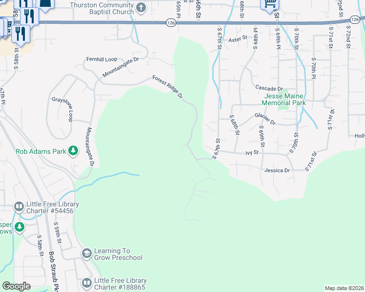 map of restaurants, bars, coffee shops, grocery stores, and more near 6684 Forest Ridge Drive in Springfield
