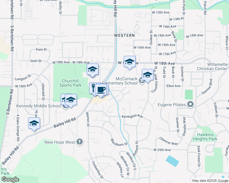 map of restaurants, bars, coffee shops, grocery stores, and more near 3800 Westleigh Street in Eugene