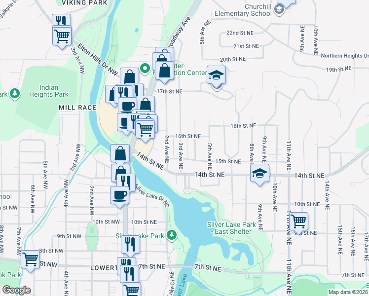 map of restaurants, bars, coffee shops, grocery stores, and more near 215 16th Street Northeast in Rochester