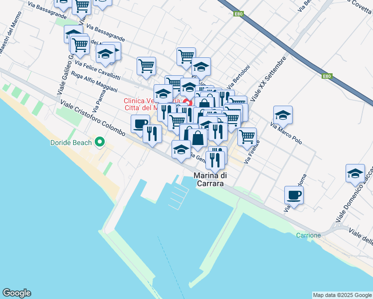 map of restaurants, bars, coffee shops, grocery stores, and more near 29 Piazza Nazioni Unite in Marina di Carrara