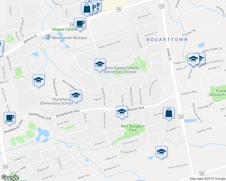 map of restaurants, bars, coffee shops, grocery stores, and more near Exceller Circle in Newmarket