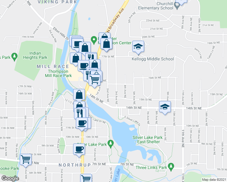 map of restaurants, bars, coffee shops, grocery stores, and more near 210 16th Street Northeast in Rochester