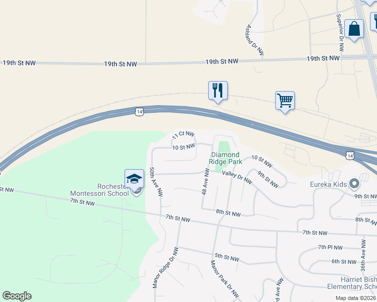 map of restaurants, bars, coffee shops, grocery stores, and more near 4830 11 Court Northwest in Rochester