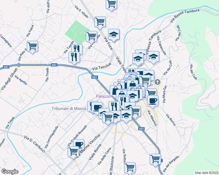 map of restaurants, bars, coffee shops, grocery stores, and more near 3 Via Maternità in Massa
