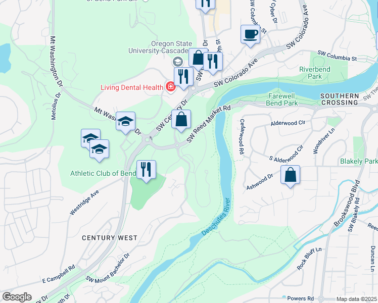 map of restaurants, bars, coffee shops, grocery stores, and more near 19800 Southwest Touchmark Way in Bend