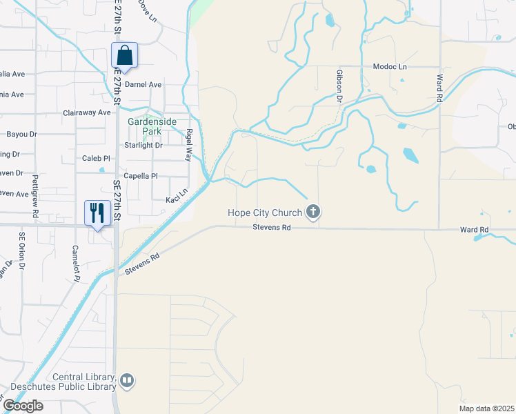 map of restaurants, bars, coffee shops, grocery stores, and more near 21374 Stevens Road in Bend