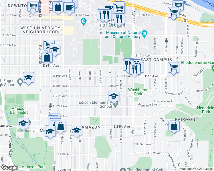 map of restaurants, bars, coffee shops, grocery stores, and more near 1995 Onyx Alley in Eugene
