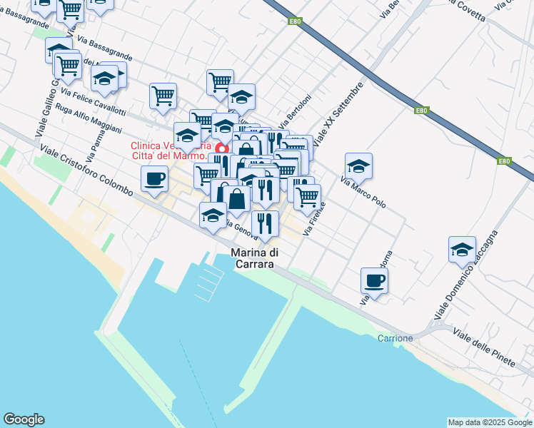 map of restaurants, bars, coffee shops, grocery stores, and more near Ruga Alfio Maggiani in Carrara