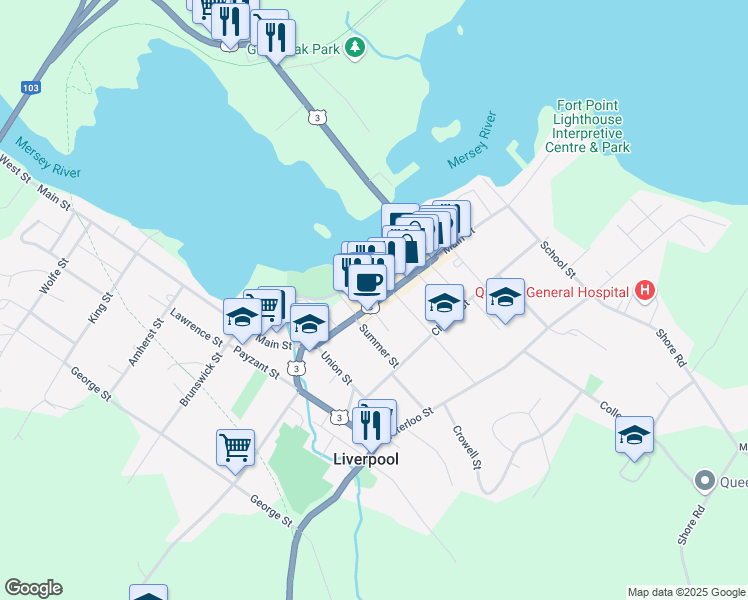 map of restaurants, bars, coffee shops, grocery stores, and more near 322 Main Street in Liverpool
