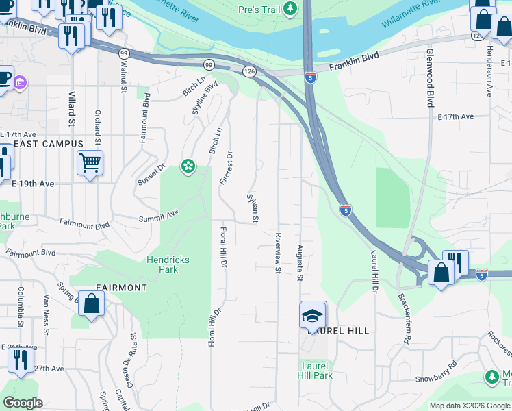 map of restaurants, bars, coffee shops, grocery stores, and more near Sylvan Street in Eugene