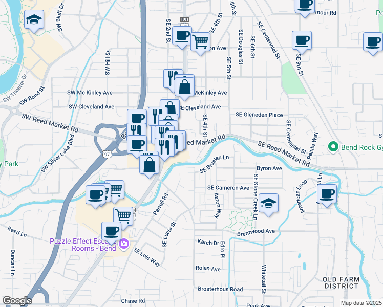 map of restaurants, bars, coffee shops, grocery stores, and more near 339 Southeast Reed Market Road in Bend