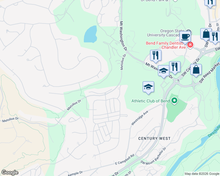 map of restaurants, bars, coffee shops, grocery stores, and more near 19570 Fairway Ridge Lane in Bend