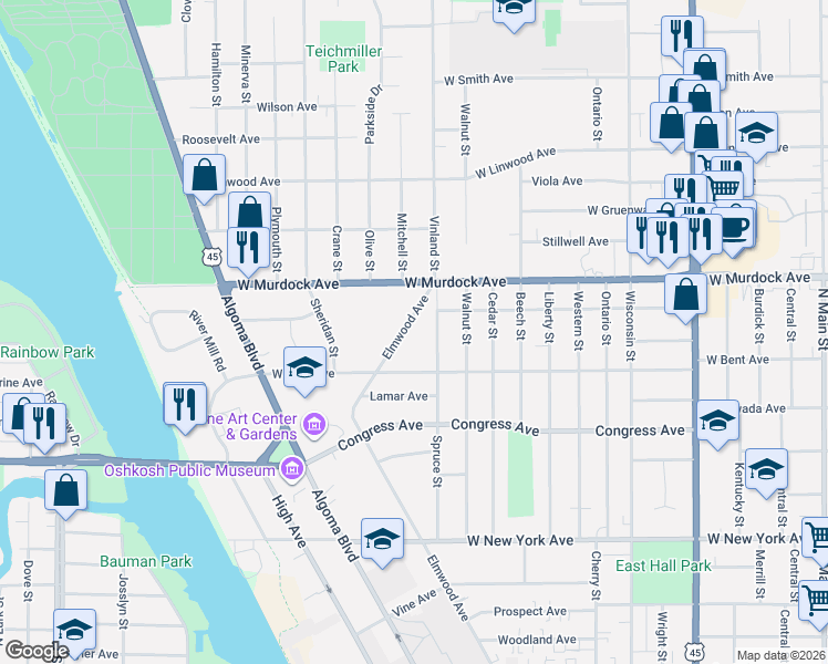 map of restaurants, bars, coffee shops, grocery stores, and more near 1713 Elmwood Avenue in Oshkosh