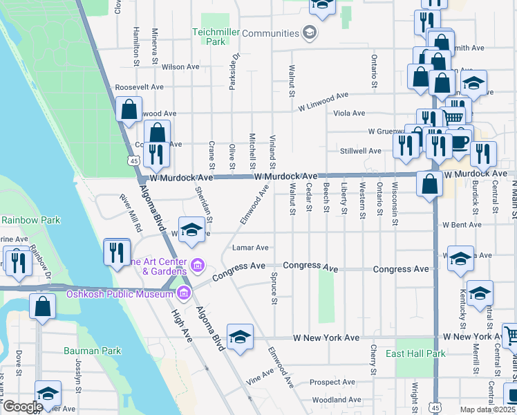 map of restaurants, bars, coffee shops, grocery stores, and more near 1713 Elmwood Avenue in Oshkosh