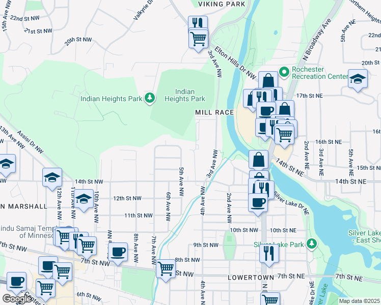 map of restaurants, bars, coffee shops, grocery stores, and more near 401 16th Street Northeast in Rochester