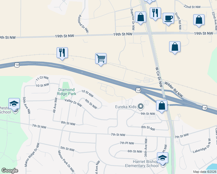 map of restaurants, bars, coffee shops, grocery stores, and more near 1061 Pendant Lane Northwest in Rochester