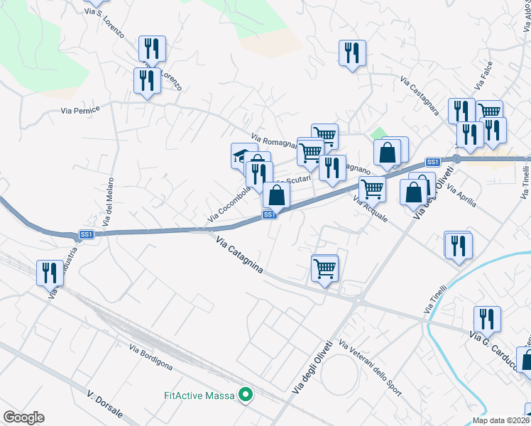 map of restaurants, bars, coffee shops, grocery stores, and more near 27 Piazza Istria in Massa
