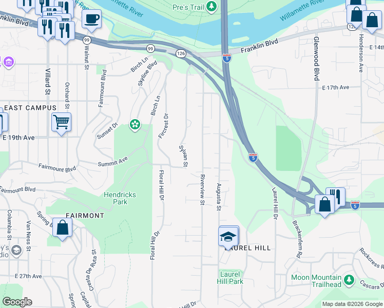 map of restaurants, bars, coffee shops, grocery stores, and more near 1888 Riverview Street in Eugene