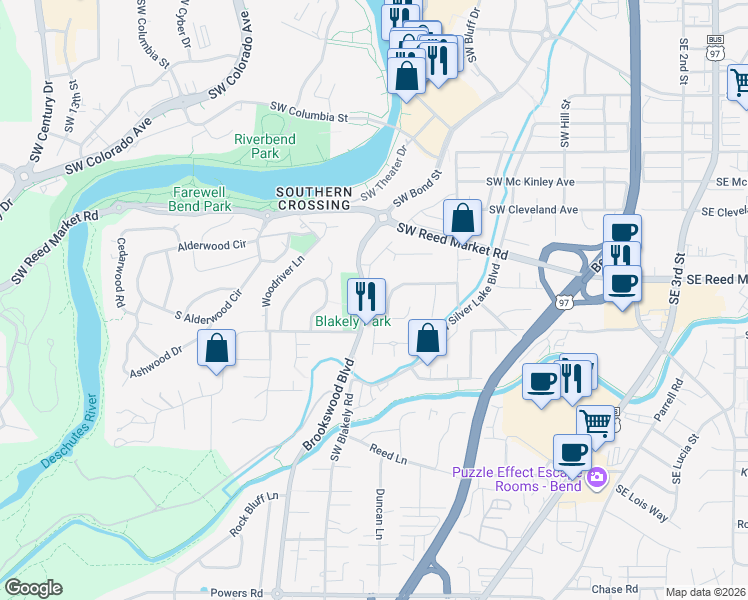 map of restaurants, bars, coffee shops, grocery stores, and more near 1130 Brookswood Boulevard in Bend
