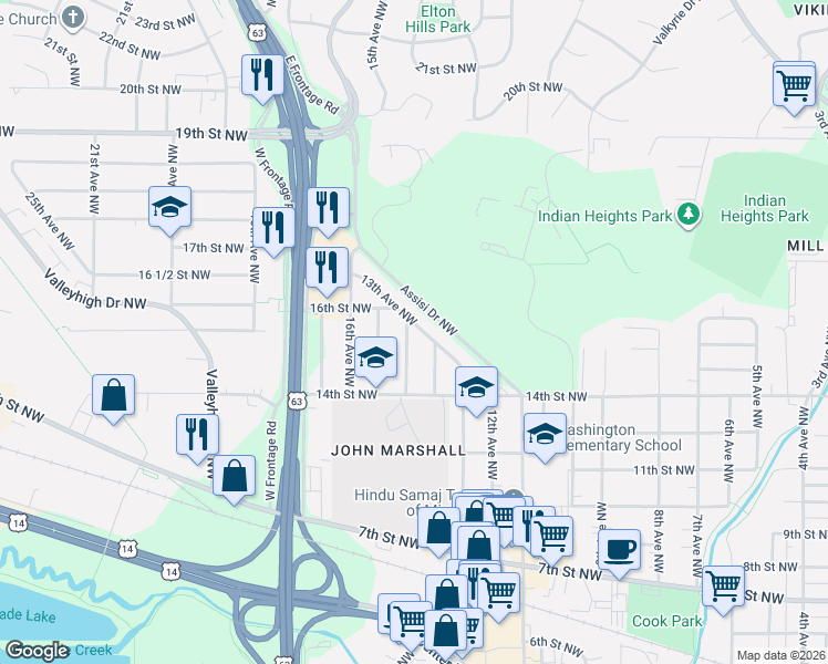 map of restaurants, bars, coffee shops, grocery stores, and more near 1503 13th Avenue Northwest in Rochester
