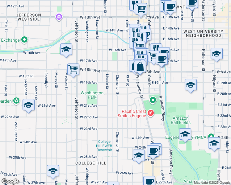 map of restaurants, bars, coffee shops, grocery stores, and more near 215 West 20th Avenue in Eugene