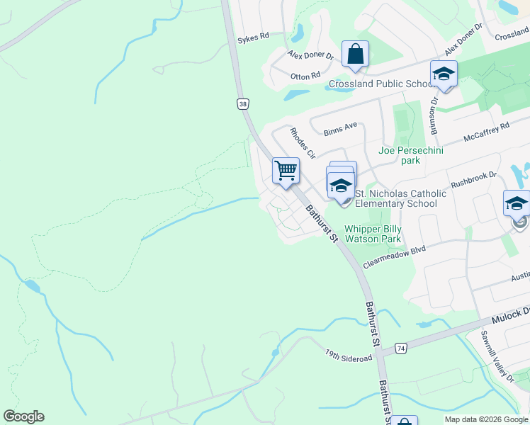 map of restaurants, bars, coffee shops, grocery stores, and more near 600 Gibney Crescent in Newmarket