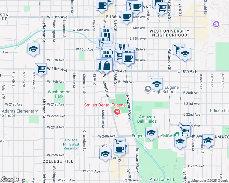 map of restaurants, bars, coffee shops, grocery stores, and more near 97 East 20th Avenue in Eugene
