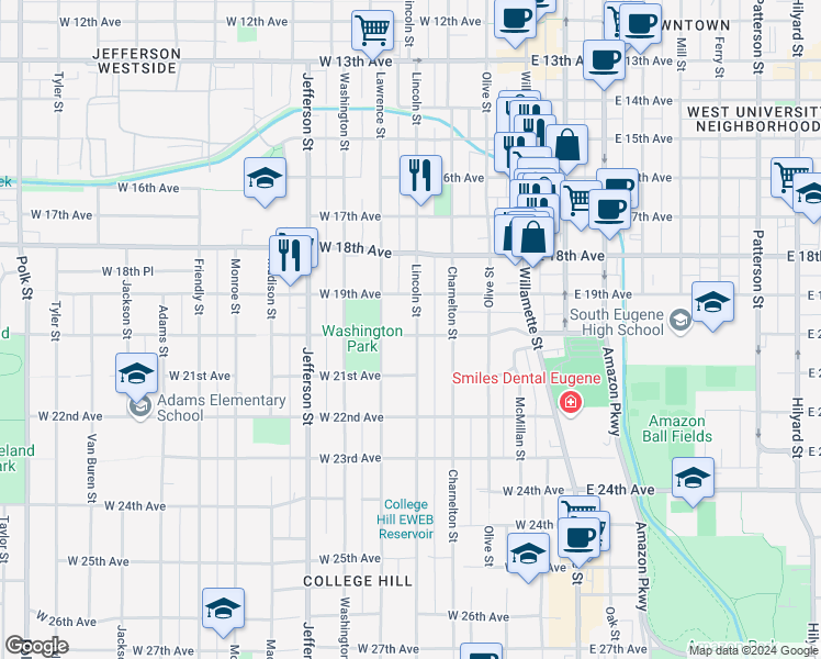 map of restaurants, bars, coffee shops, grocery stores, and more near 1990 Lincoln Street in Eugene