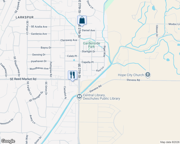 map of restaurants, bars, coffee shops, grocery stores, and more near 61625 Vega Street in Bend