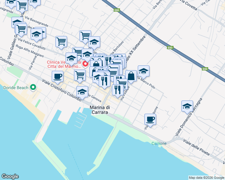 map of restaurants, bars, coffee shops, grocery stores, and more near 2A Viale XX Settembre in Carrara