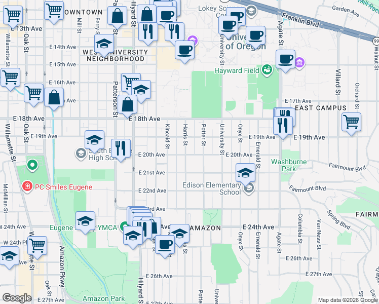 map of restaurants, bars, coffee shops, grocery stores, and more near 1948 Harris Street in Eugene