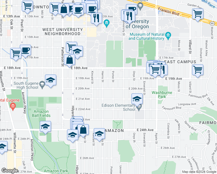 map of restaurants, bars, coffee shops, grocery stores, and more near 1065 East 20th Avenue in Eugene