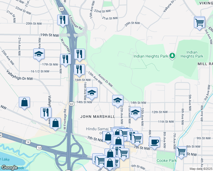 map of restaurants, bars, coffee shops, grocery stores, and more near 1462 13th Avenue Northwest in Rochester