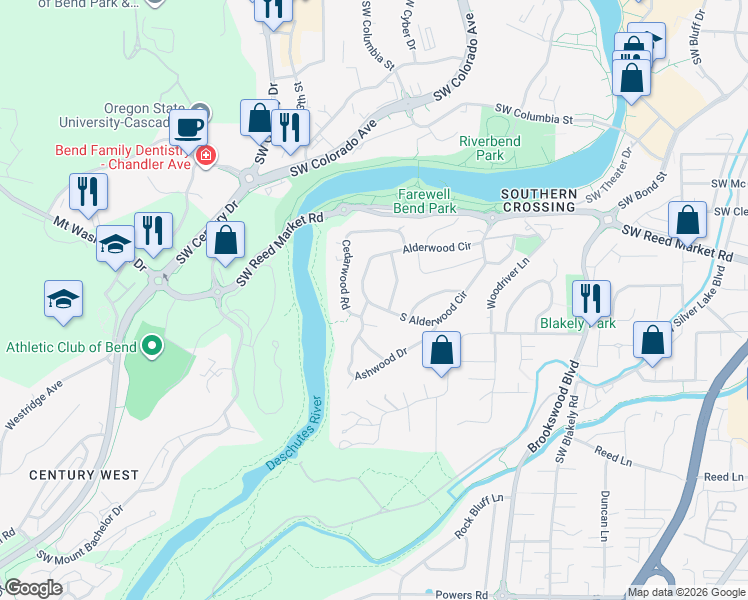 map of restaurants, bars, coffee shops, grocery stores, and more near 61640 Cedarwood Road in Bend