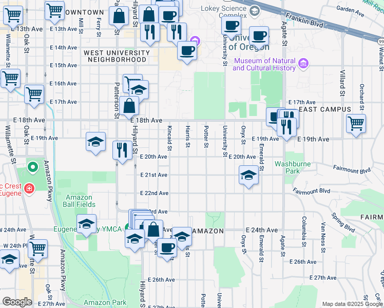 map of restaurants, bars, coffee shops, grocery stores, and more near 1948 Harris Street in Eugene