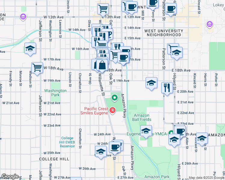 map of restaurants, bars, coffee shops, grocery stores, and more near 1940 Oak Street in Eugene