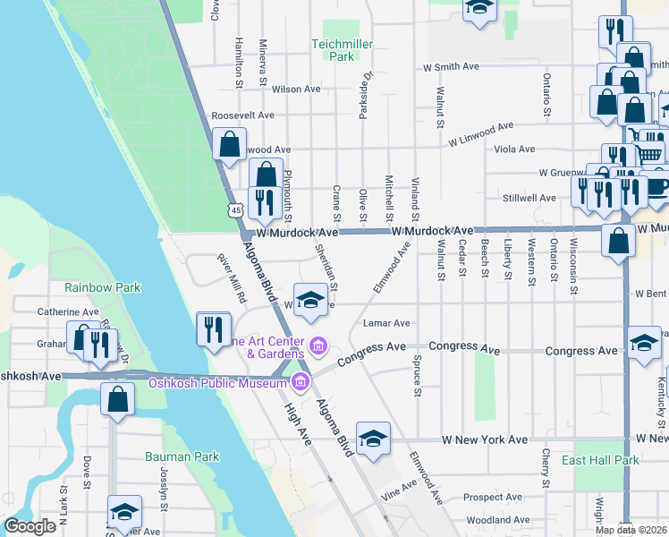 map of restaurants, bars, coffee shops, grocery stores, and more near 1656 Sheridan Street in Oshkosh