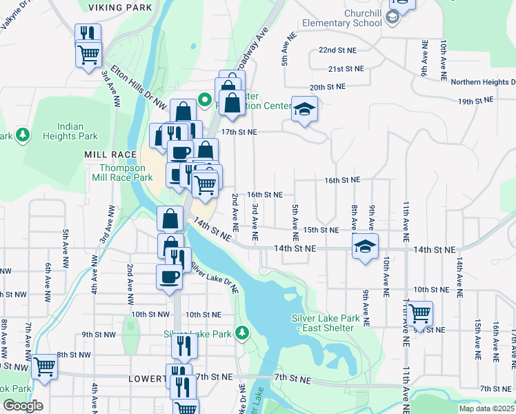map of restaurants, bars, coffee shops, grocery stores, and more near 215 16th Street Northeast in Rochester